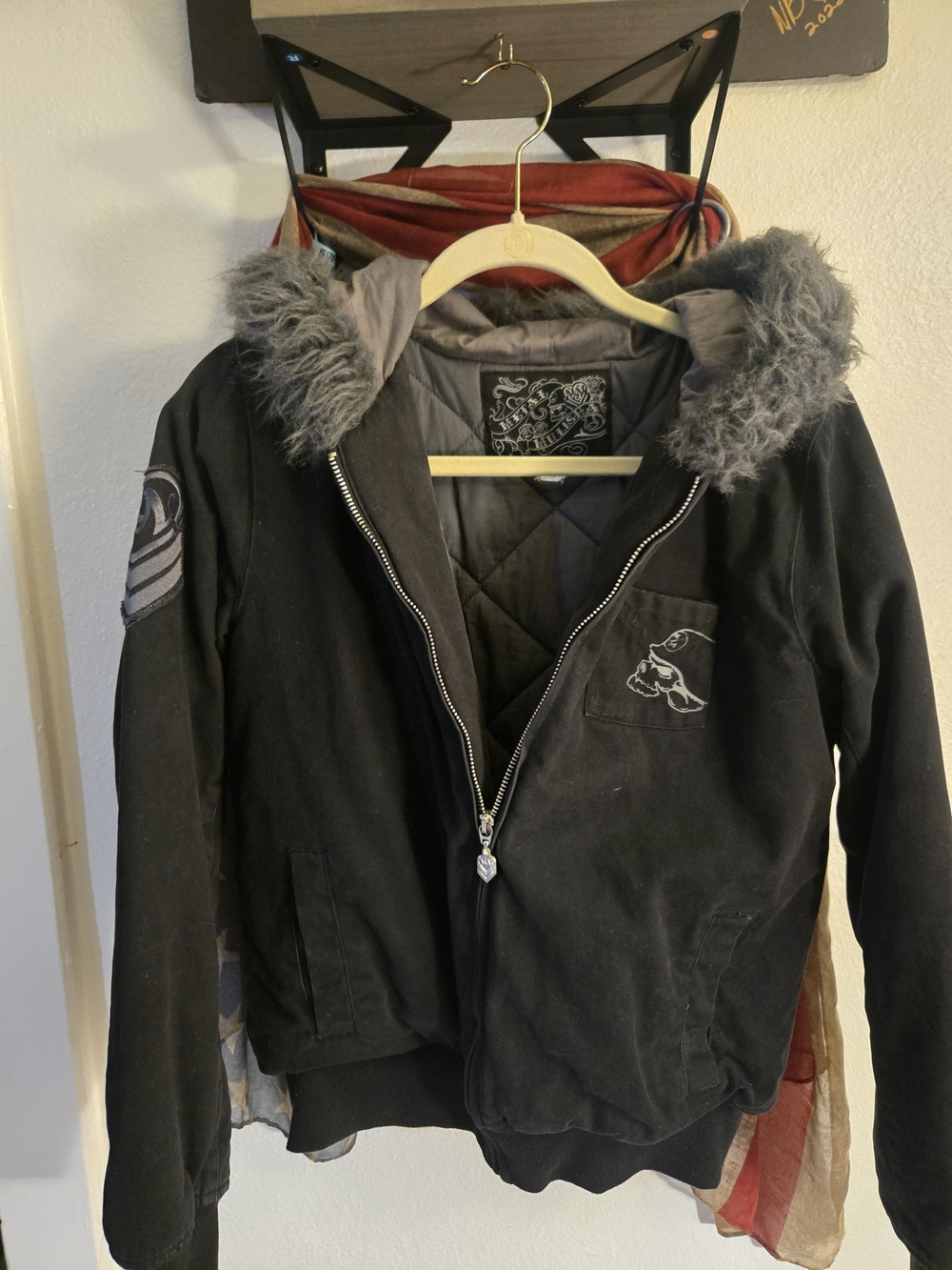 Vintage Metal Mulisha Y2K Hooded Canvas Bomber Jacket Skull Moto FMX Black Large